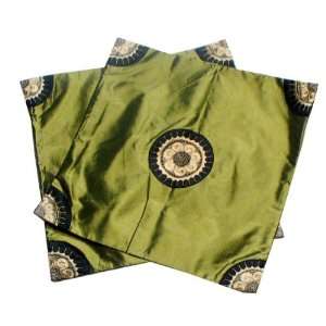  Green Embroidered Flower Chinese Silk Pillowcases (A Pair 