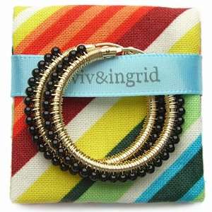  viv & ingrid Medium Gold and Onyx Hoop Earrings: Jewelry