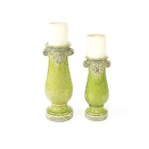 Set of 2 Waters Edge Distressed Green Crackled Pillar Candle Holders 