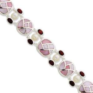  Sterling Silver Pearl and Garnet Color CZ & Pink Mother of Pearl 