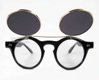 Vintage FLIP UP STEAMPUNK Round Sunglasses GOLD Black Tortoise  