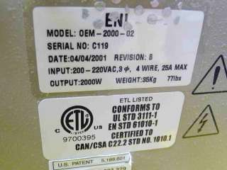 ENI OEM 2000 02 RF Generator Rev.B 2000W 13.56MHz used working  