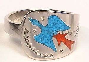 TURQUOISE CORAL CHIP INLAY PEYOTE BIRD WOMENS RING SZ 7  