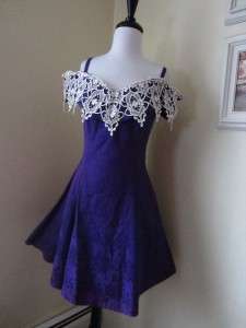 Vintage 80s 90s Purple Damask Dress M L Off Shoulders Mini Cocktail 