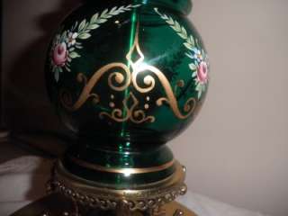 VINTAGE PAIR OF HAND PAINTED GREEN GLASS EUROPEAN TABLE LAMPS