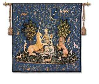 LADY AND THE UNICORN BLUE INDIGO MEDIEVAL WALL TAPESTRY  