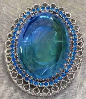   Filigree Blue Green Glass Intaglio Cameo Blue Rhinestones Brooch