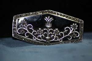 Antique Sterling Silver Marcasite Onyx Brooch Pin  