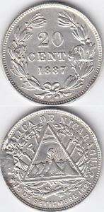 NICARAGUA SILVER COIN 20 CENTAVOS KM 7 1887 VF+  