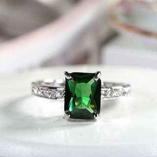 Engagement Green Emerald 18K White Gold Plated Lady Fashion Ring Size 