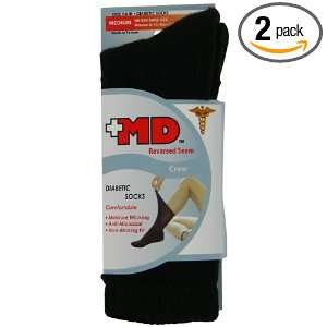MD USA Standard Diabetic Reversed Seam Crew Socks Black, Medium, (Pack 