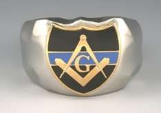 POLICE OFFICER BLUE LINE MASONIC MASON STAINLESS STEEL SILVER RING ALL 