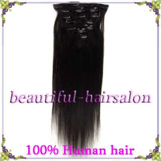 15 7pcs Clips On INDIAN 100% Remy straight human Hair Extensions #1B 