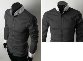   Mens Slim Style Long Sleeve Cotton Casual Dress Shirts Black Grey Blue