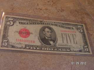 1928 F $5 United States Note Legal Tender Red Seal FULLHOUSE POKER 