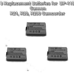 3 Replacement Batteries for Canon BP 110 VIXIA HF R20, R21 
