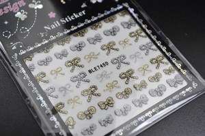 Gold and Silver Glitter Bows 3D Design Nail Art Stickers Decals   NEW 