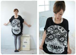 T960 Funky Floral Skull Icon Top T shirt White Black  
