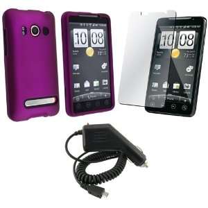 For HTC EVO 4G Dark Purple Rubberied Hard Case + Car Charger + Lcd 