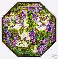 HUMMINGBIRD WISTERIA * 22 OCTAGON STAINED GLASS PANEL  
