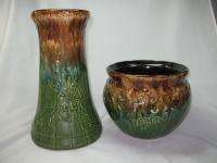   POTTERY FLORAL EMBOSSED JARDINIERE BLENDED GLAZE POT & STAND  