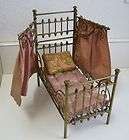 Brass Marklin antique doll dollhouse half tester bed pink orig bedding