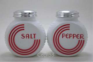 ART DECO GLASS SALT & PEPPER SHAKERS WHITE w/ RED  