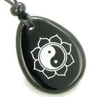   Yang and Lotus Sun Circle Amulet Black Onyx Lucky Wish Stone Necklace