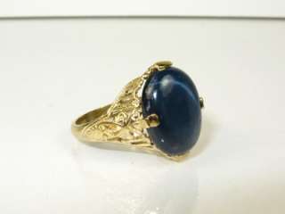   Edwardian 6ct Natural 6 Ray Blue Star Sapphire 10k YG Filigree Ring 4g