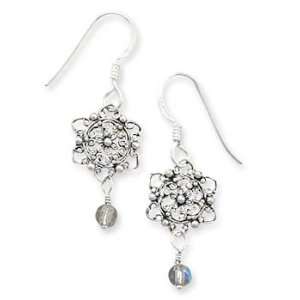   Sterling Silver Filigree Flower and Glass Bead Drop Earrings Jewelry