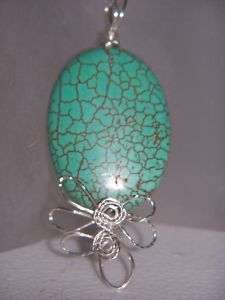 GENUINE OVAL TURQUOISE WIRE WRAPPED PENDANT ~~STERLING  