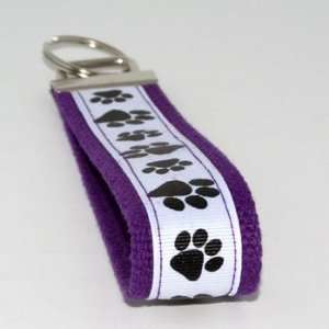  White Black Paw Prints 5   Purple   Keychain Key Fob Ring 