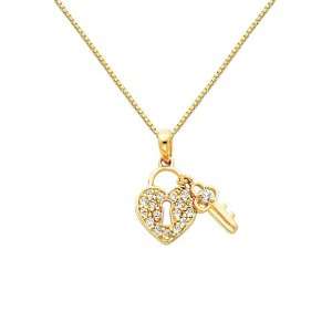 Heart Lock & Key Charm Pendant with Yellow Gold 0.65mm Box Link Chain 