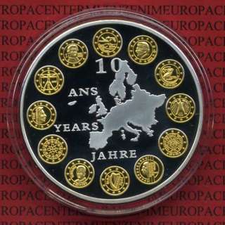 Medaille 10 Jahre Euro Silber mit Goldapplikation PP  