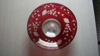 Vintage Floral Design Ruby Flash Glass Lg Footed Bowl  