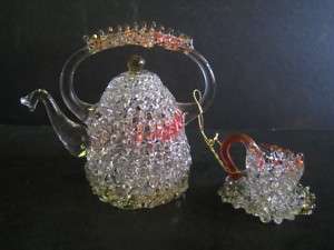 Free Blown Hand Crafted Art Glass Teapot/Cup/Saucer Set  