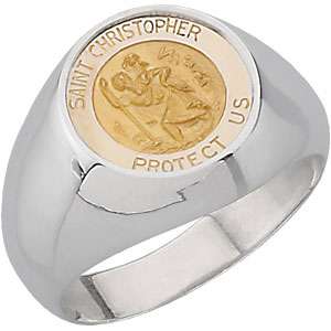 14K GOLD AND ST SILVER ST CHRISTOPHER SIZE 7 MEDAL RING  