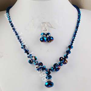 Blue Ray Crystal Beads Necklace Earrings Set G1478  