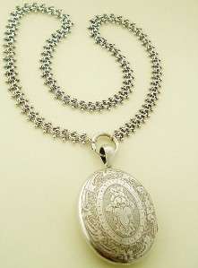 FABULOUS VICTORIAN STERLING SILVER LOCKET ON 17 INCH COLLAR CHAIN NO 