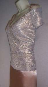 CACHET Biege/ Gold Metallic Off Shoulder Beaded Formal Gown Long Dress 