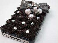 3D Chocolate Cake Bow Pearl Crystal Case Cover for iPhone 4 4S White 