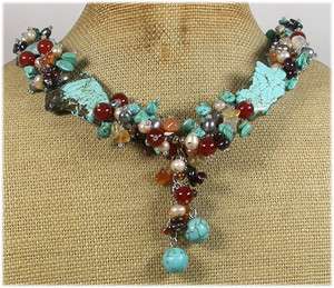 TURQUOISE RED AGATE GARNET FRESH WATER PEARLS NECKLACE  