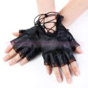 Lady Black Lace Sheep Leather Fingerless Half Gloves M  
