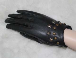 black Rivets Leather Gloves Fashion Women Winter Evening Party Wrist 