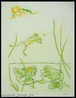   , The Pond, Original Art Etching Frogs Green MAKE AN OFFER  