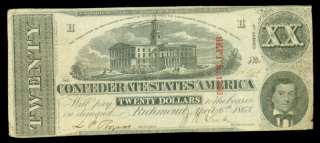 CONFEDERATE STATES OF AMERICA $20 TWENTY DOLLAR BILL  