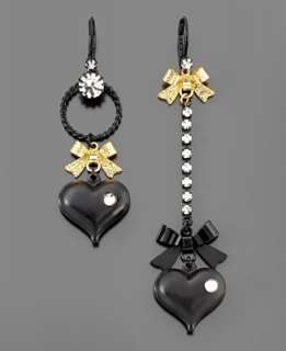 Betsey Johnson Earrings, Asymmetrical Black Hearts