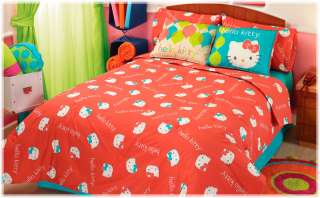 New Girls Red Aqua Small Hello Kitty Comforter Bedding Set Queen 4 