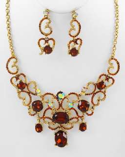 New Dazzling Aurora Borealis AB festoon necklace earring set amber 