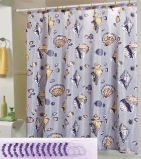 SHELL BLUE SHOWER CURTAIN +12 MATCHING RINGS BATHROOM SET NEW 16540 